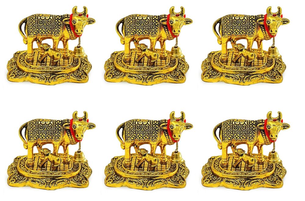 1380 Pooja Items Diwali Gift Golden Small Kamdhenu Cow with Calf Metal